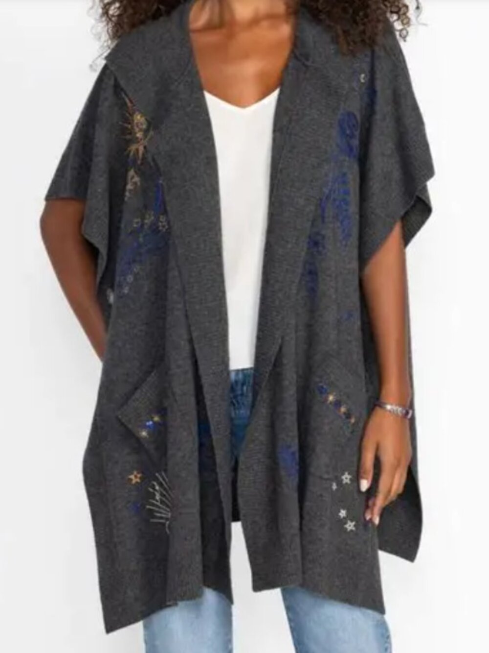 New OS Johnny Was Maiora Charcoal Gray embroidered beaded Cashmere Wool Cape